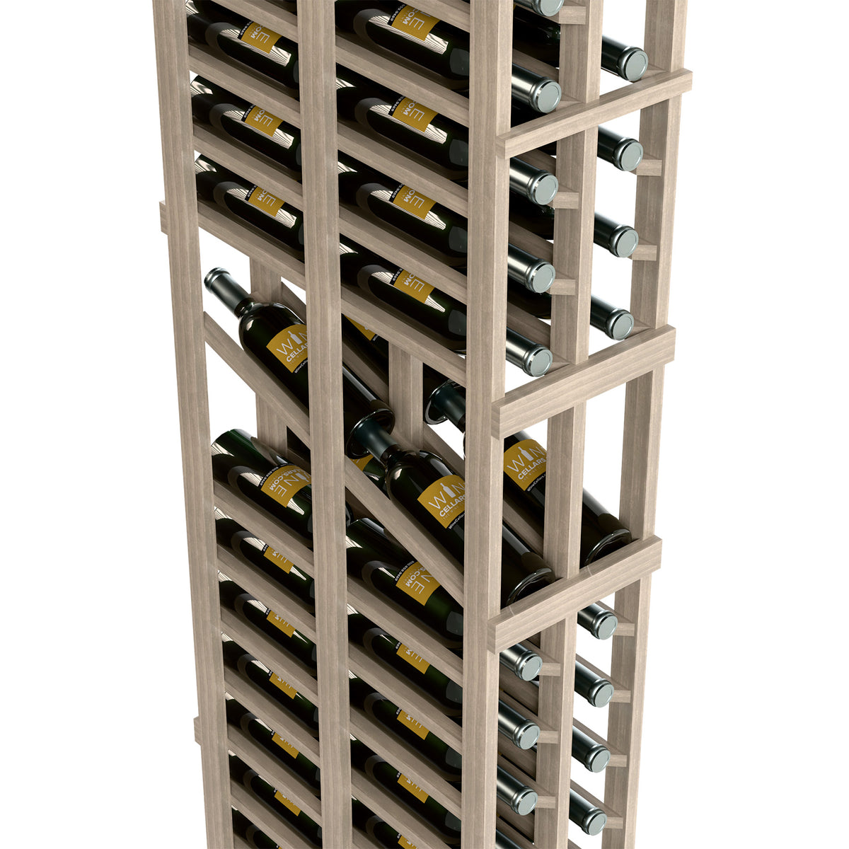 Double-deep wine display rack close-up showing bottle rows and cork holders, light wood