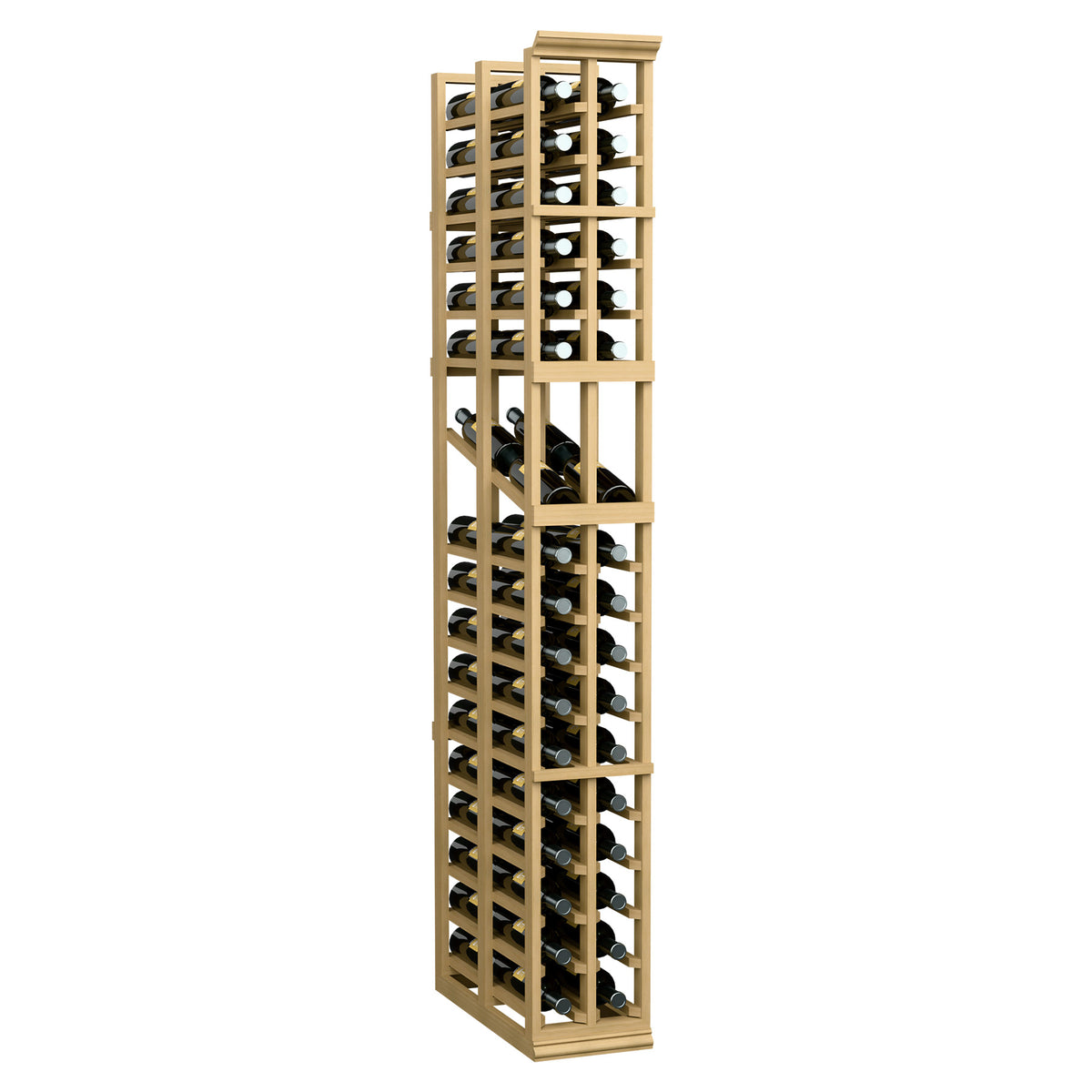 Double-deep wine display rack with two columns and front bottle storage, pale light wood