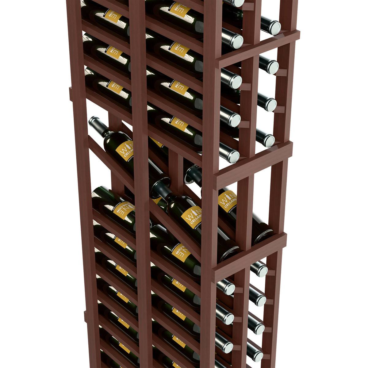 Double-deep wine display rack close-up: two bottle rows and metal cork holders, dark wood