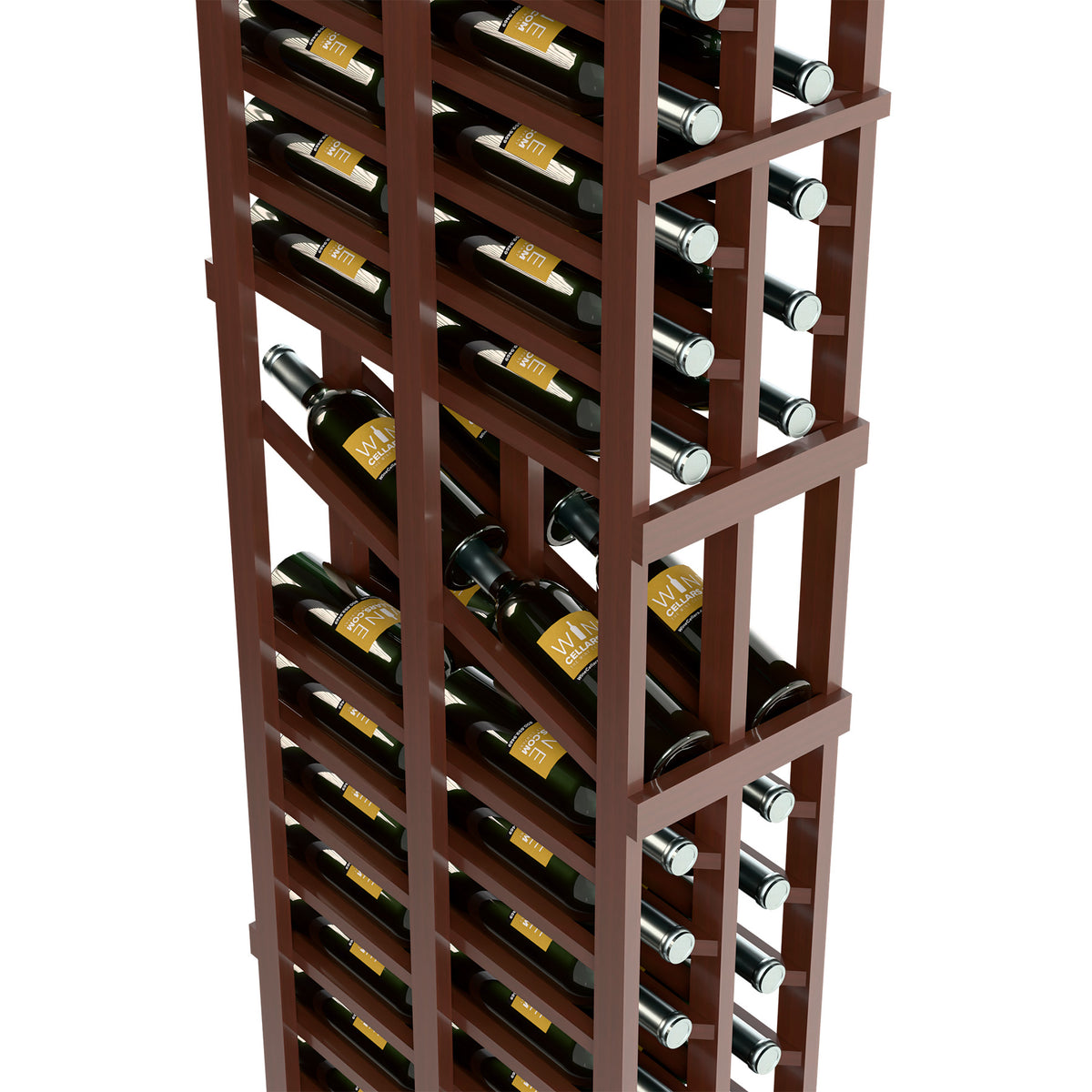 Brown wine bottle display rack, double-deep slots holding multiple bottles