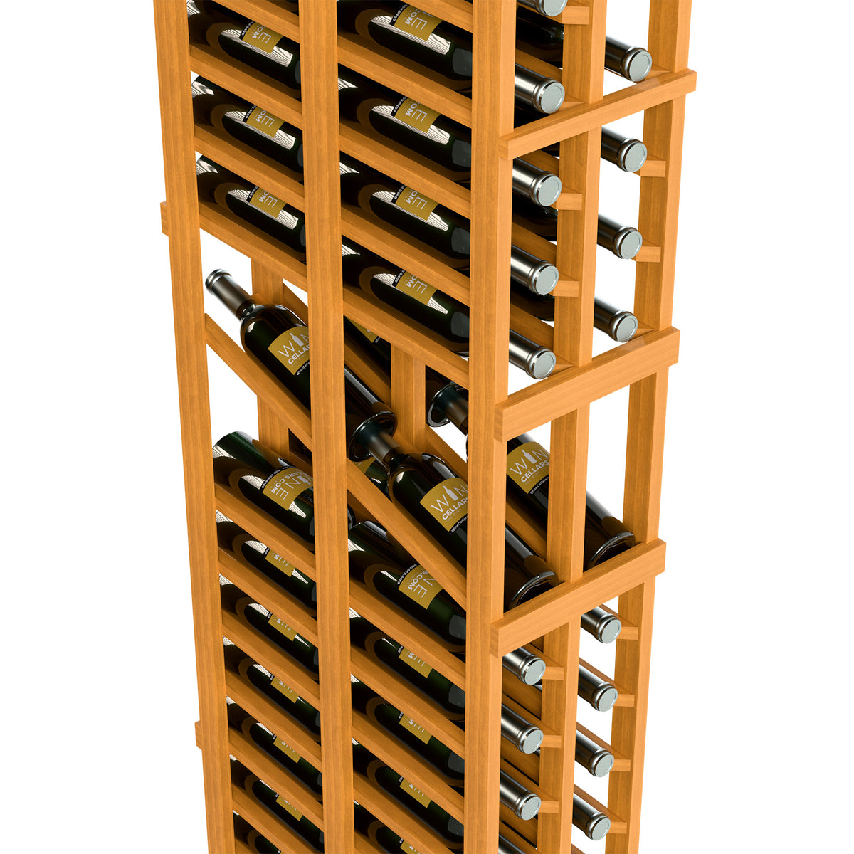 Light wood wine bottle display rack with double-deep shelves and bottle rows