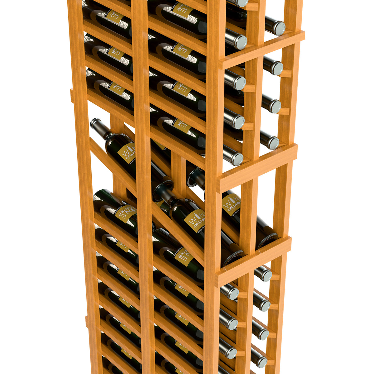 Natural wood 2-column wine bottle rack with stacked bottle slots and rails