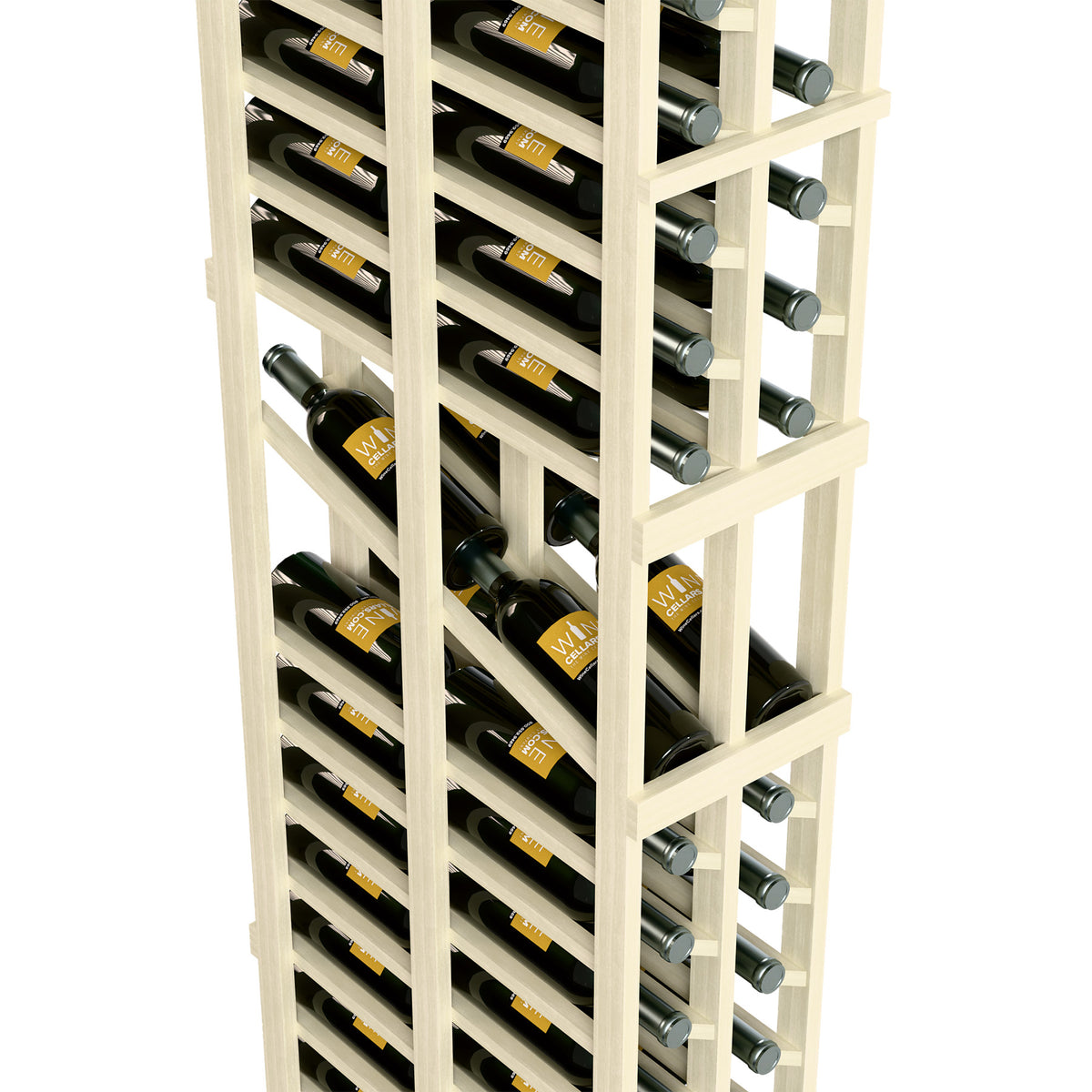 White wine bottle display rack with double-deep shelves and multiple bottles