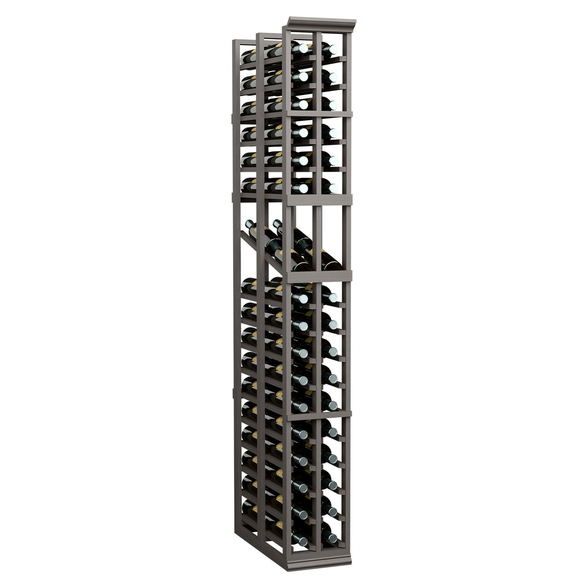 Two-column double-deep wine display rack with dark frame and bottle slots