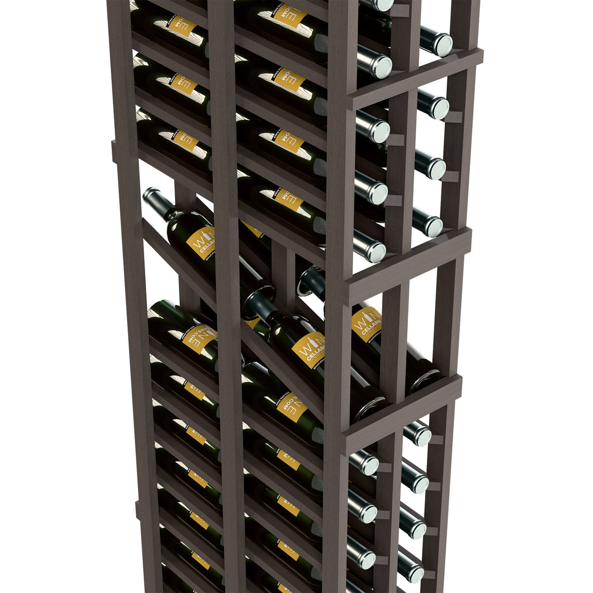 Close-up of dark two-column double-deep wine rack with bottle storage rows