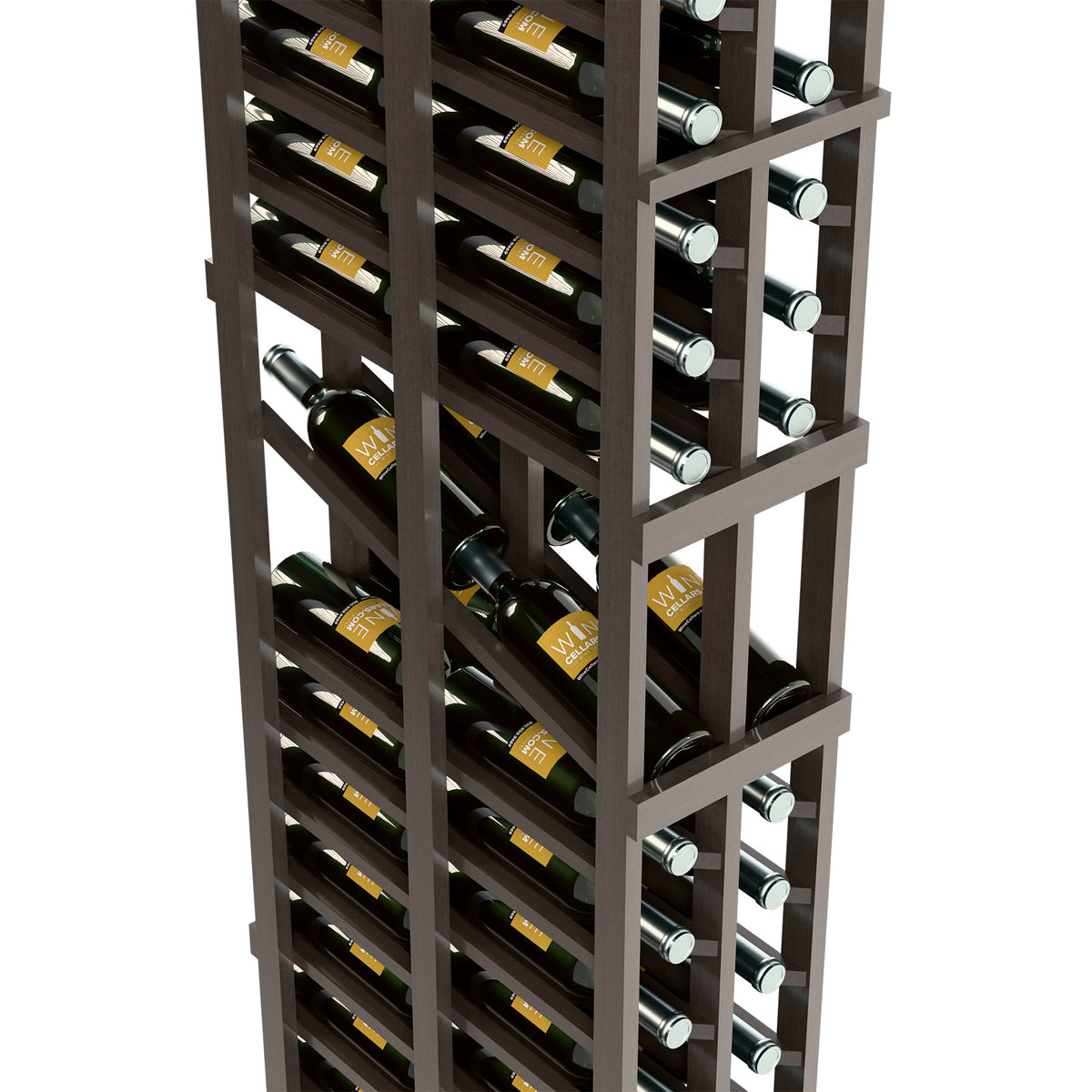 Close-up of black two-column double-deep wine rack with bottle rows