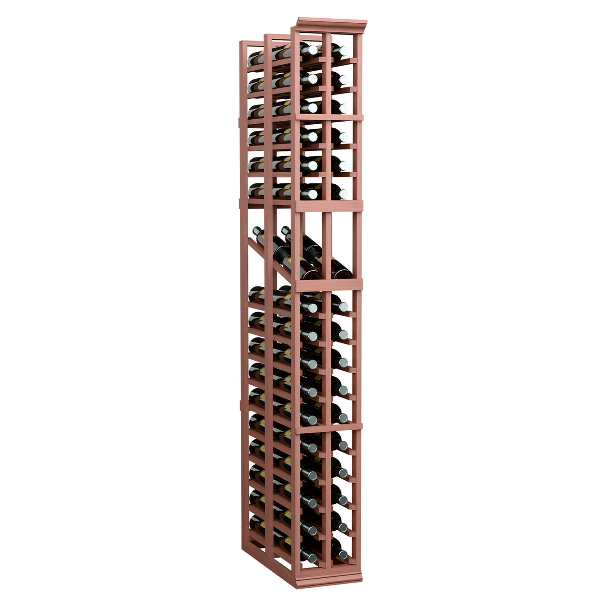 Two-column double-deep wine display rack with reddish-brown frame and bottle slots