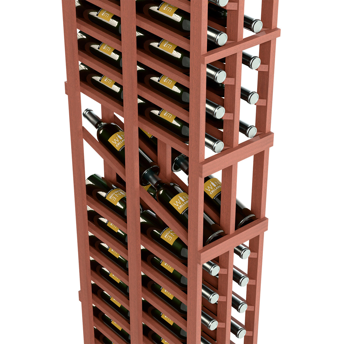 Close-up of reddish-brown two-column double-deep wine rack with bottle rows