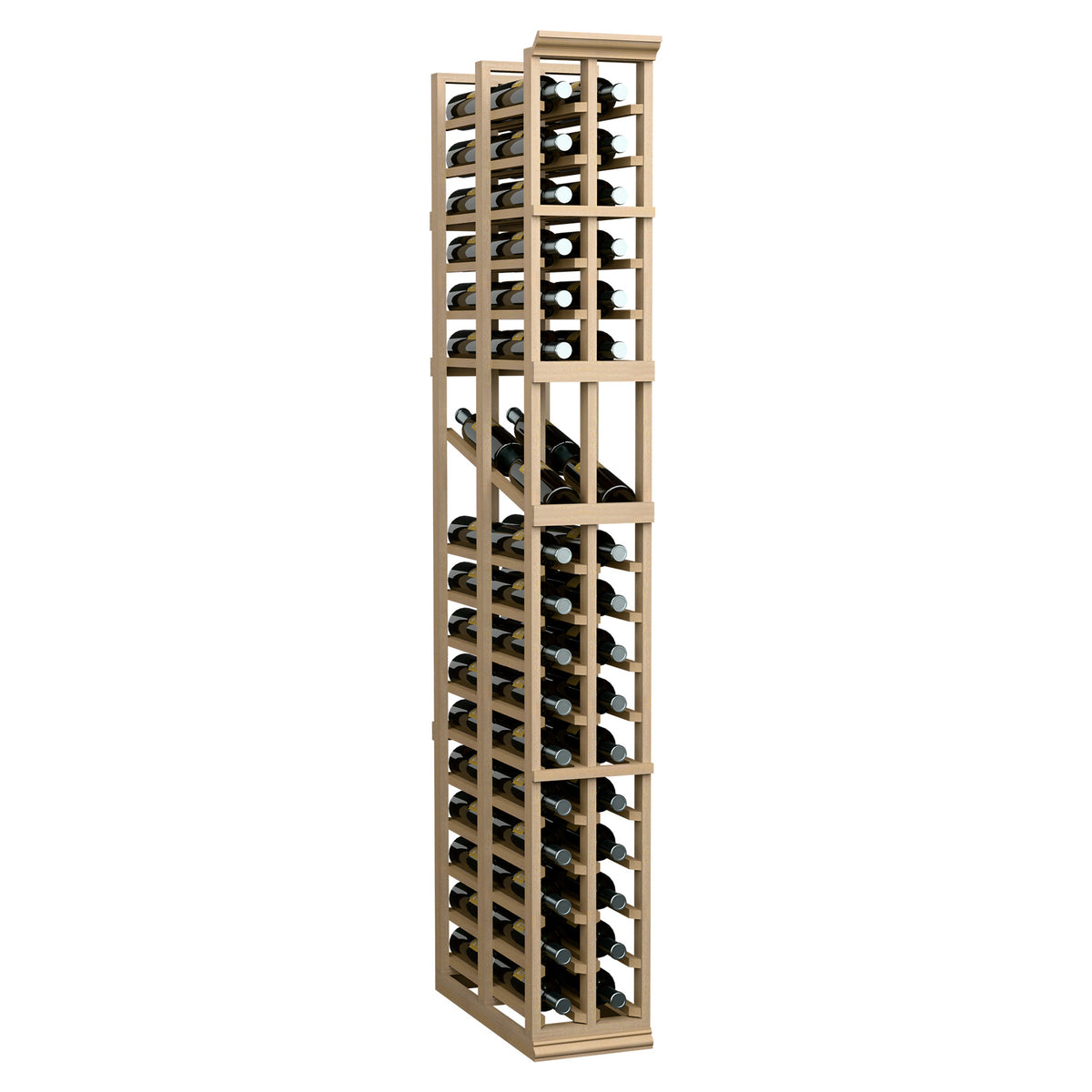 Two-column double-deep wine display rack with light wood frame and bottle slots