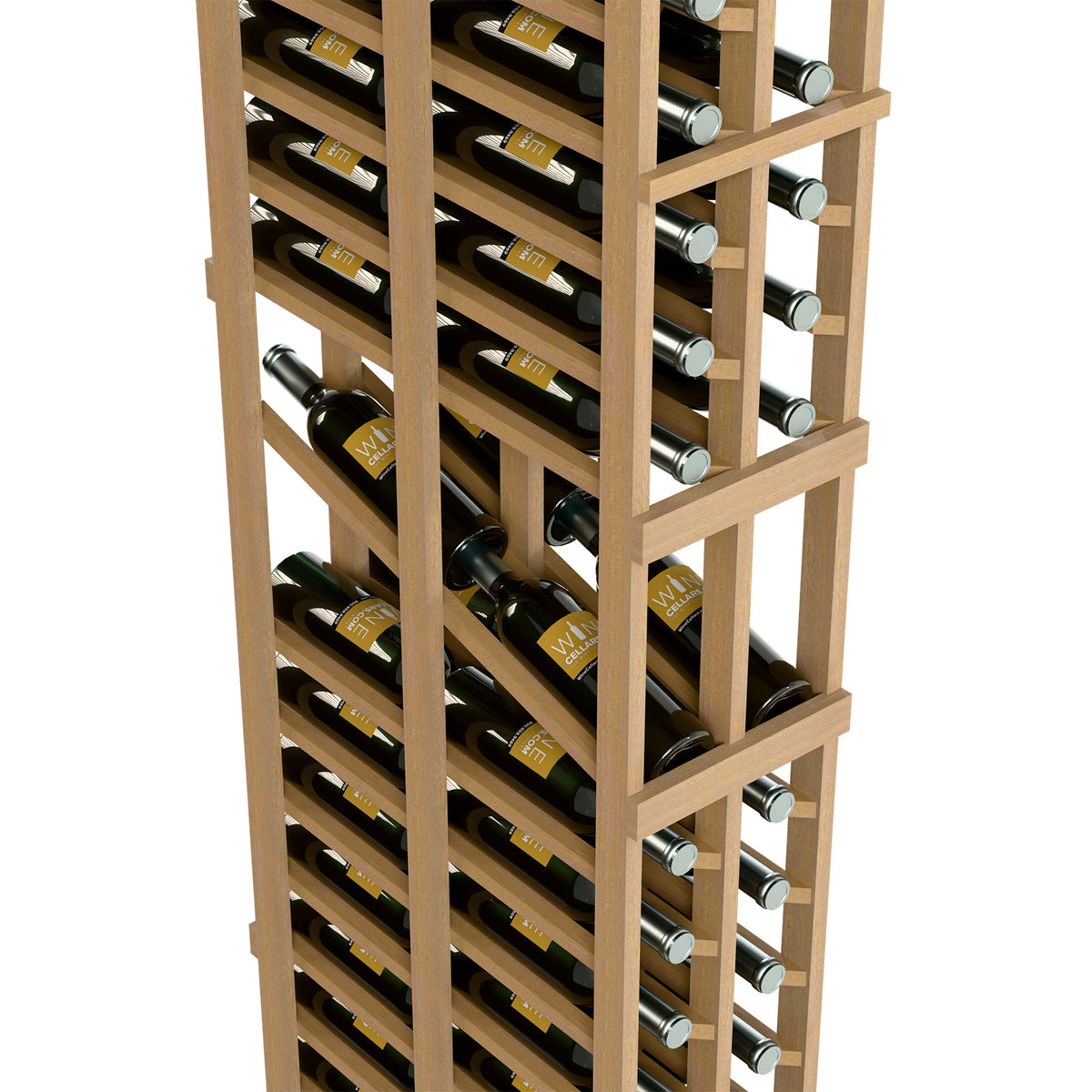 Close-up of light wood two-column double-deep wine rack with bottle rows