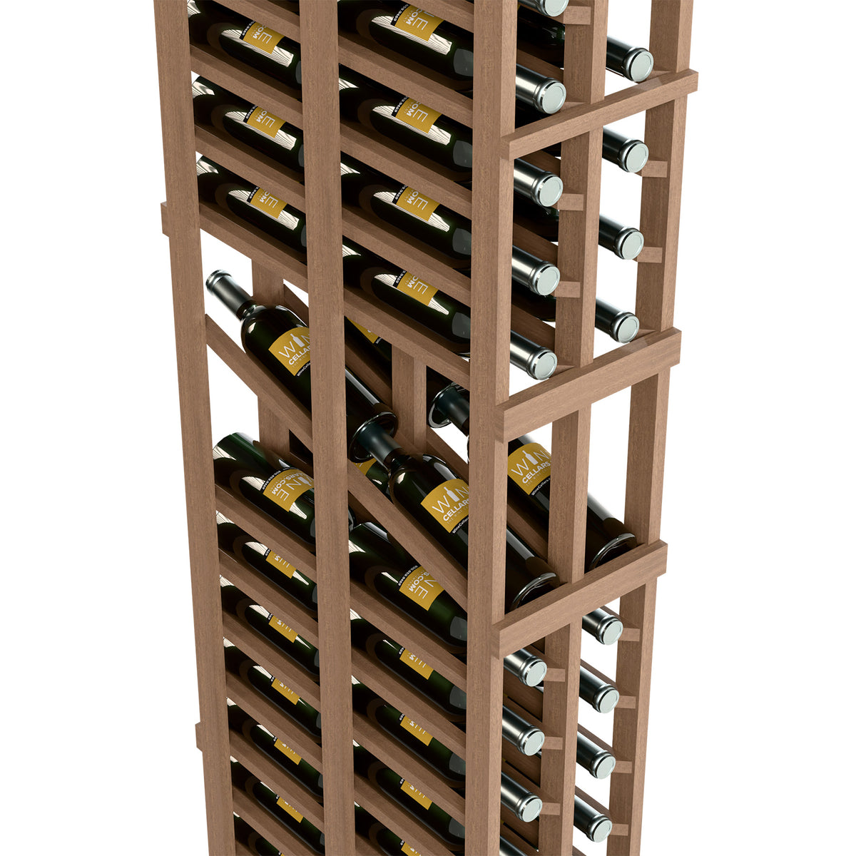 Light wood double-deep wine rack showing side-by-side bottle storage and caps