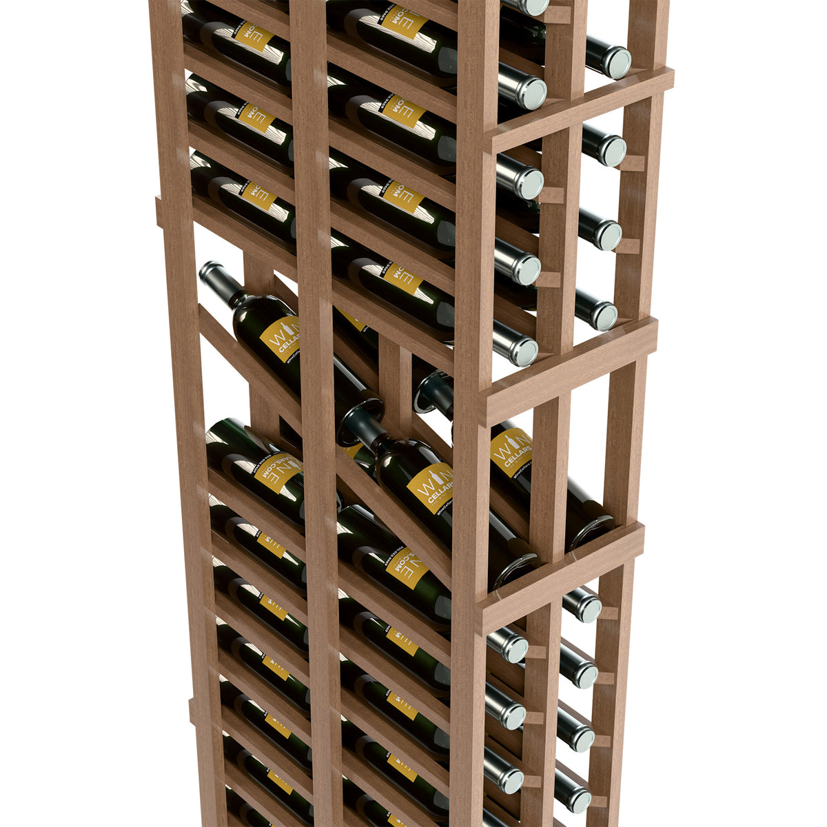 Light wood 2-column double-deep wine rack with stacked shelves and bottle caps