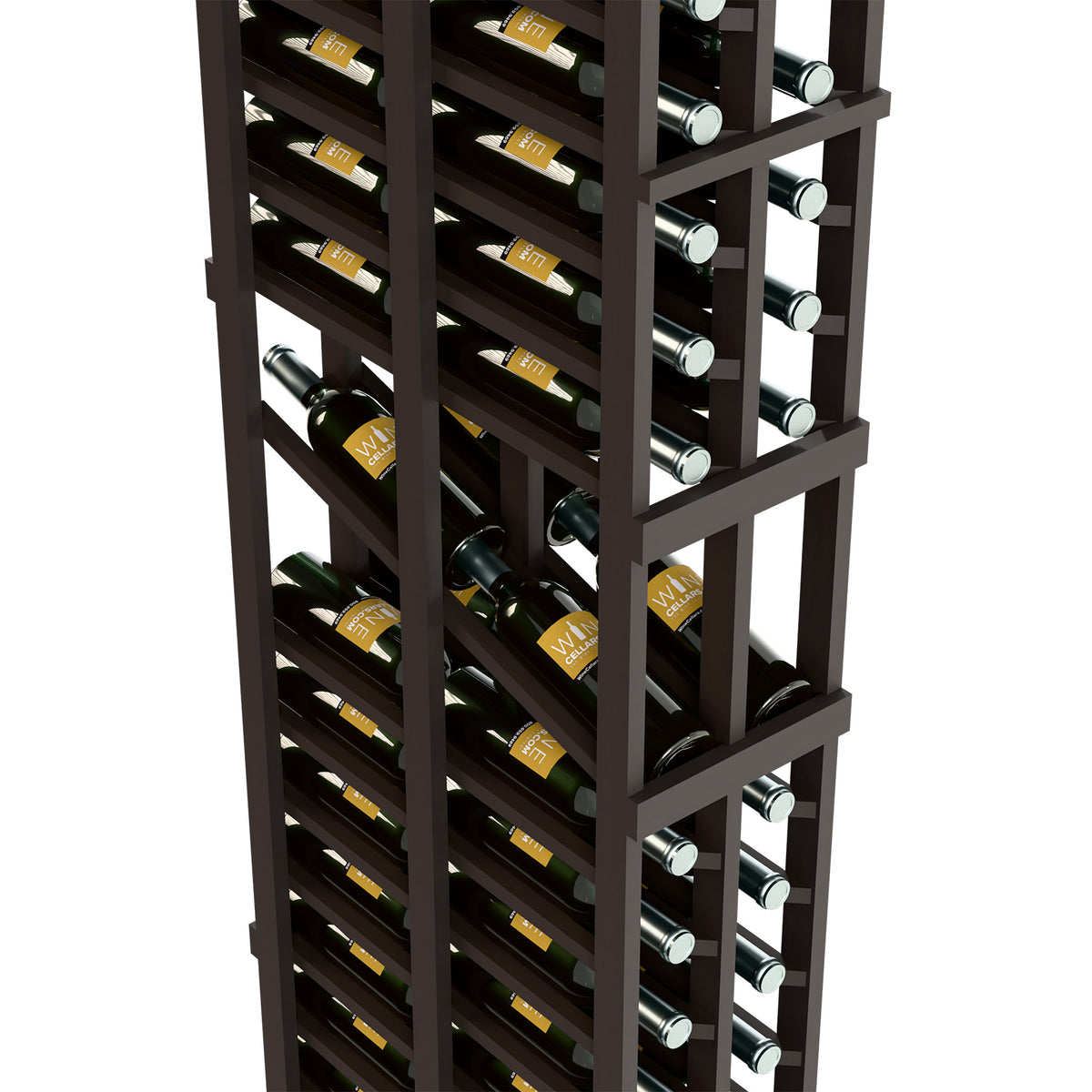 Dark wood 2-column double-deep wine rack with stacked bottle slots and caps