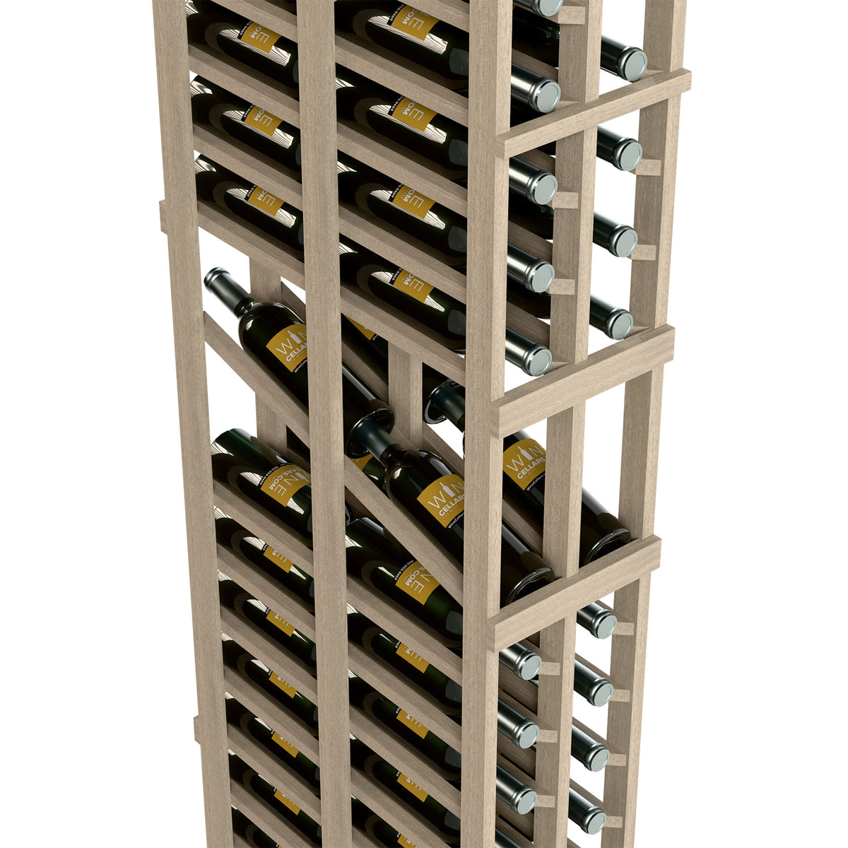 Double-deep wine rack close-up: two vertical columns with bottle cradles and labels