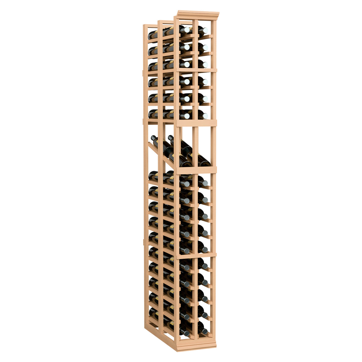 6 ft double-deep wine display rack with two columns, light wood frame and bottle slots