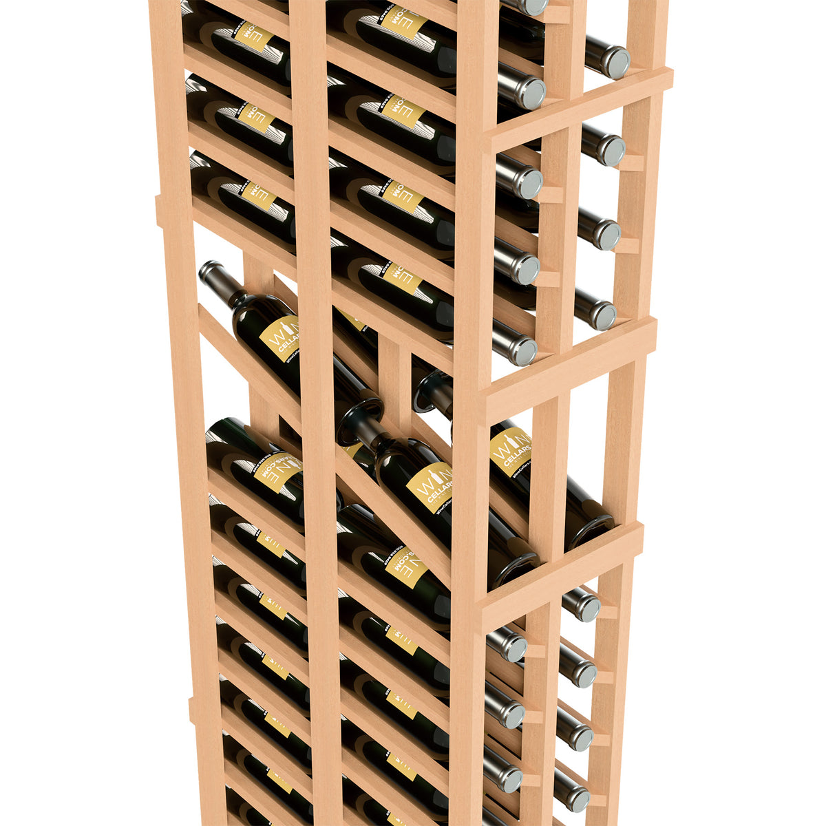Double-deep wine rack close-up: light wood columns with bottle cradles and silver caps
