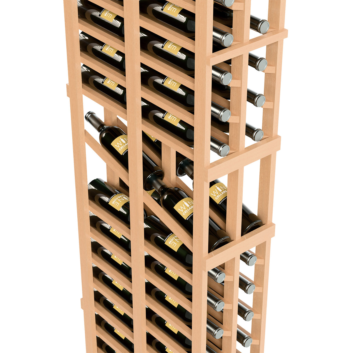 Two-column wine rack detail: light wood frame, wine bottles, and metal holder rails