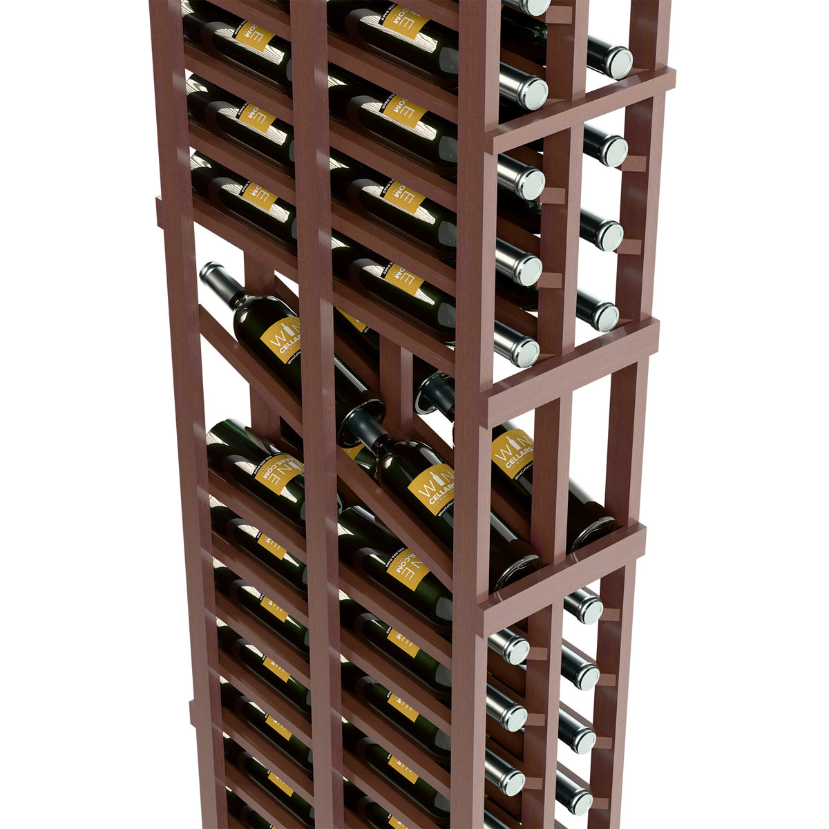 Close-up of 2-column double-deep wine display rack with bottle cradles and silver labels