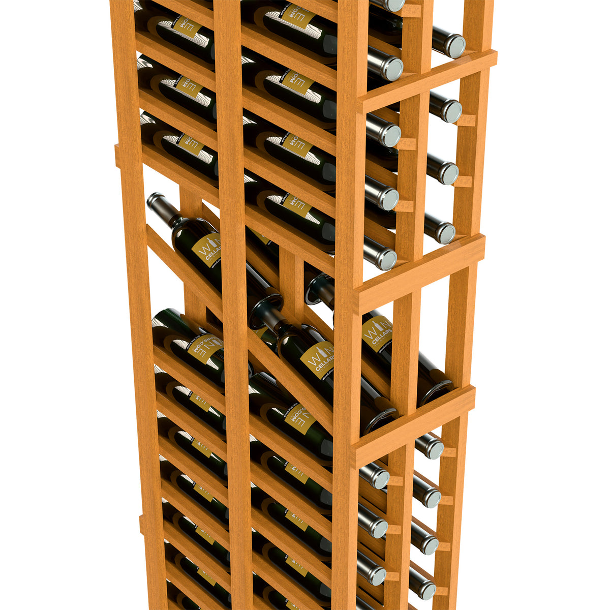 Close-up of natural 2-column double-deep wine display rack with bottle cradles