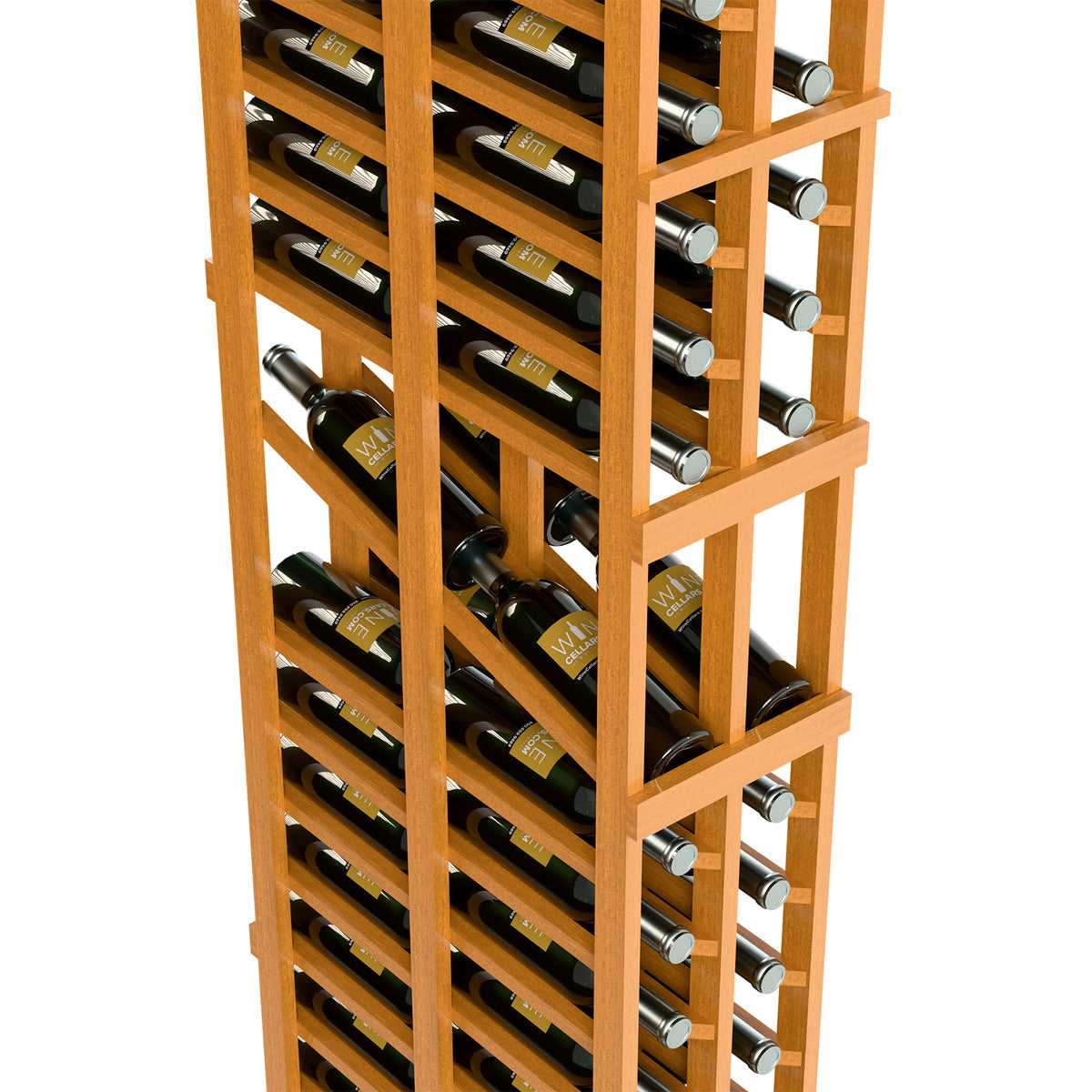 Close-up of light 2-column double-deep wine display rack with bottle cradles