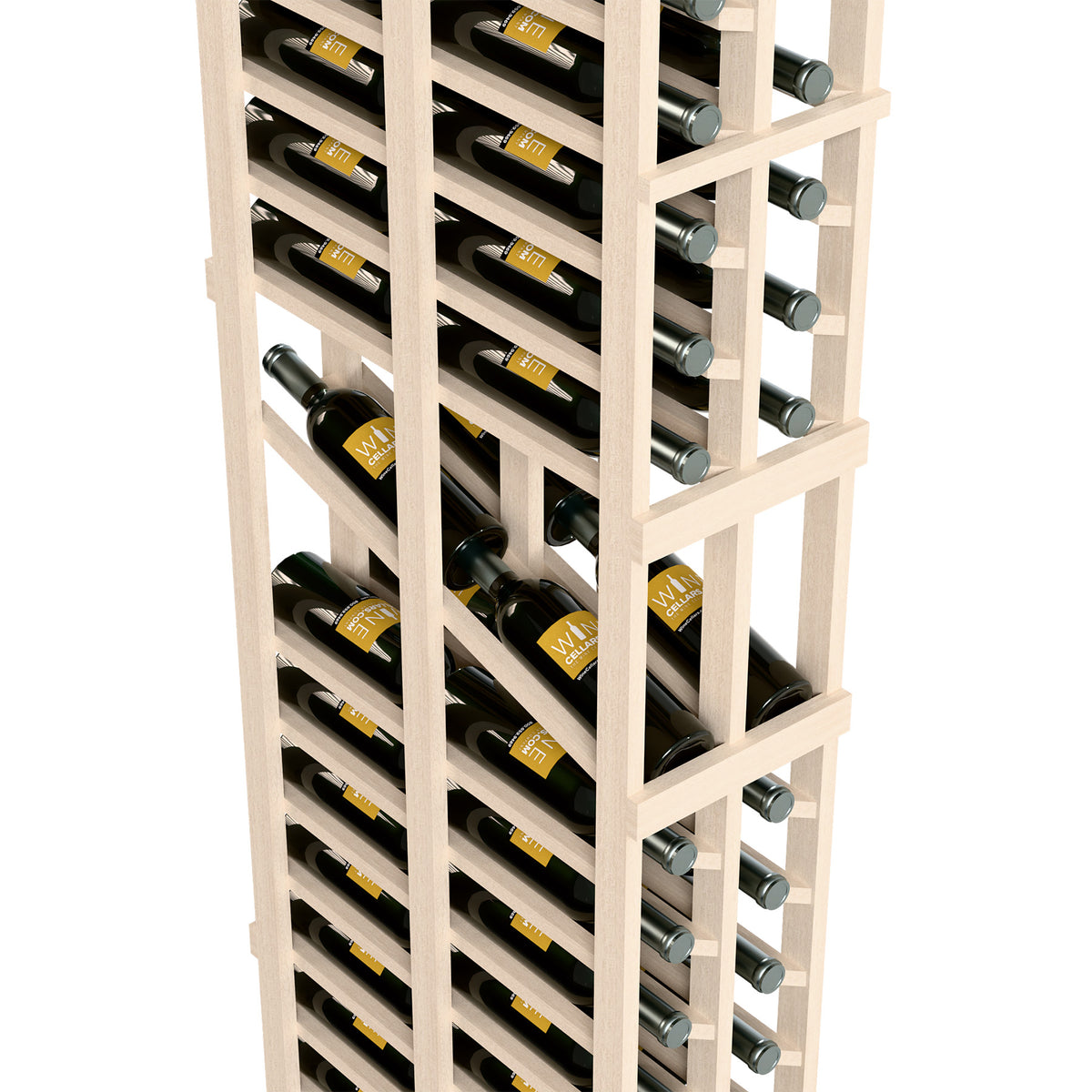 Close-up of light gray 2-column double-deep wine display rack with bottle cradles