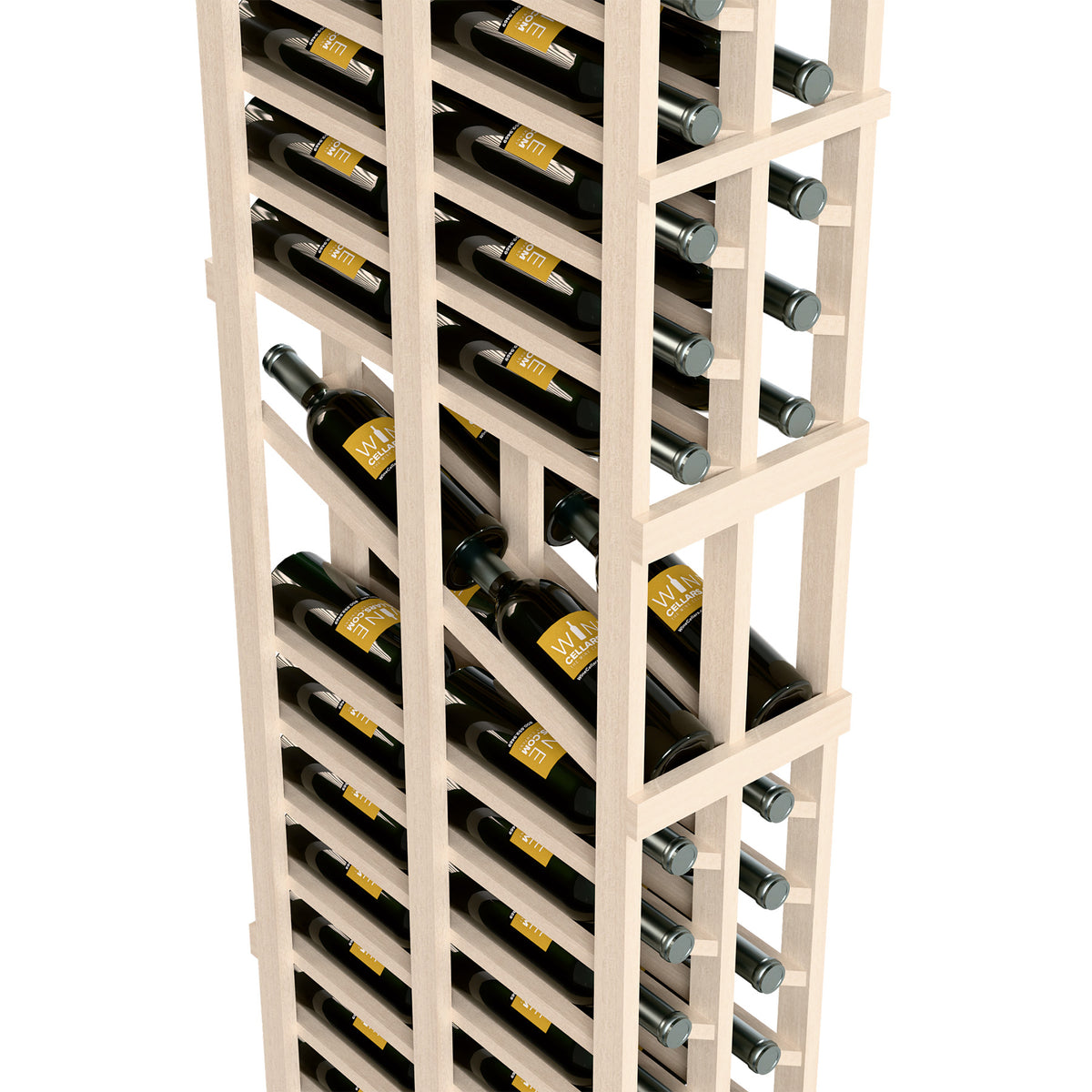 Close-up of white 2-column double-deep wine display rack with bottle cradles