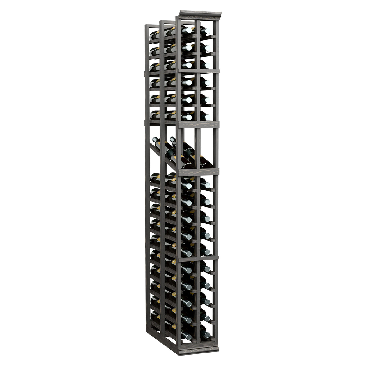 Wine display rack with two columns, dark frame, and bottle-filled interior behind glass.