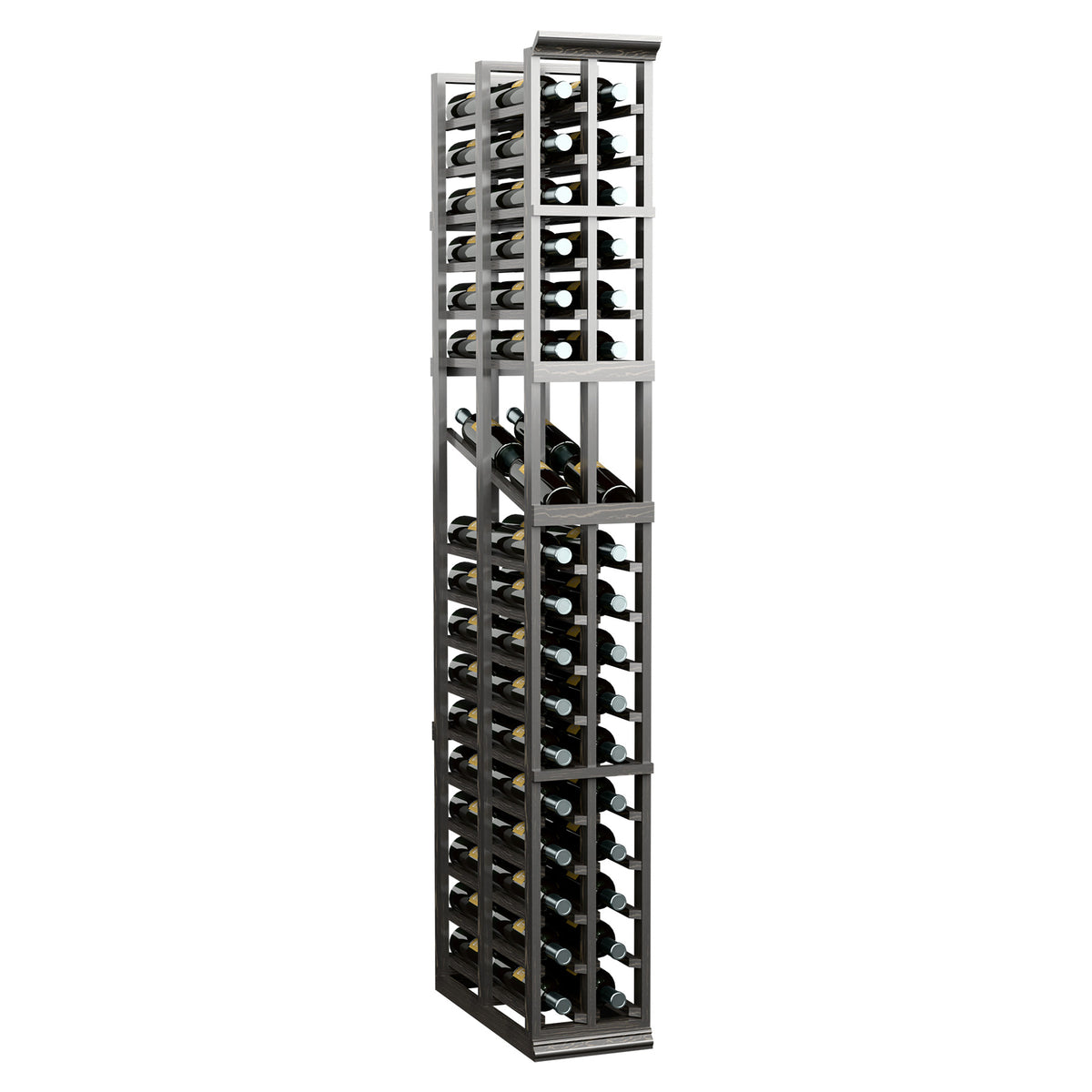 Tall wine display rack with two columns, dark frame, and bottles visible through the front.