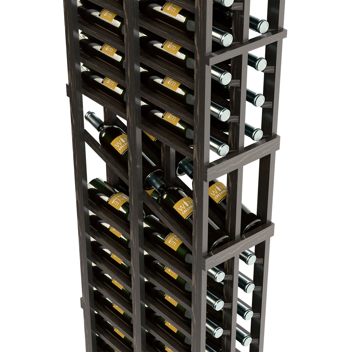 Wine bottle display rack close-up, dark frame with multiple bottle rows and open shelves.