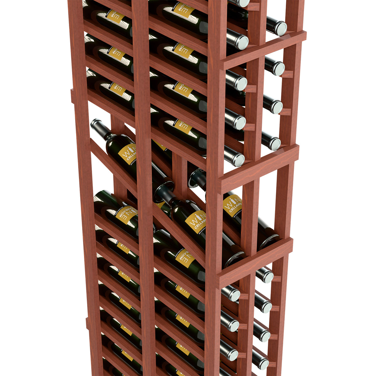 Wine bottle rack with warm brown frame, open shelves holding multiple wine bottles.