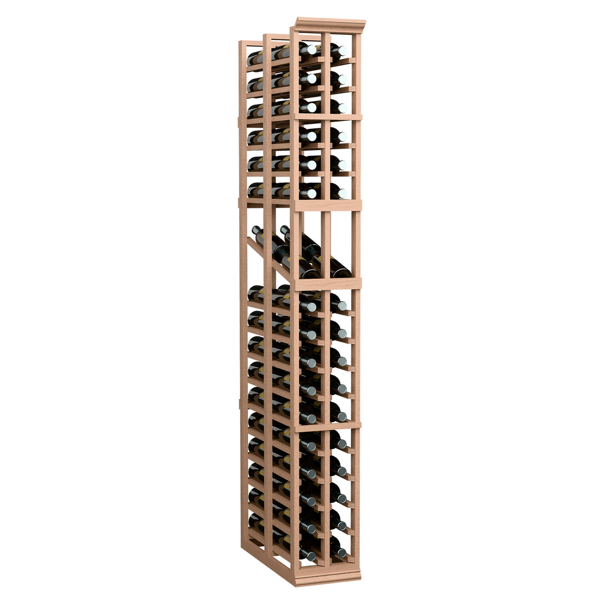 Tall wine display rack with two columns, light wood frame and bottle-filled interior behind glass.