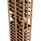 Wine bottle rack close-up, light wood frame with open shelves and rows of bottles.
