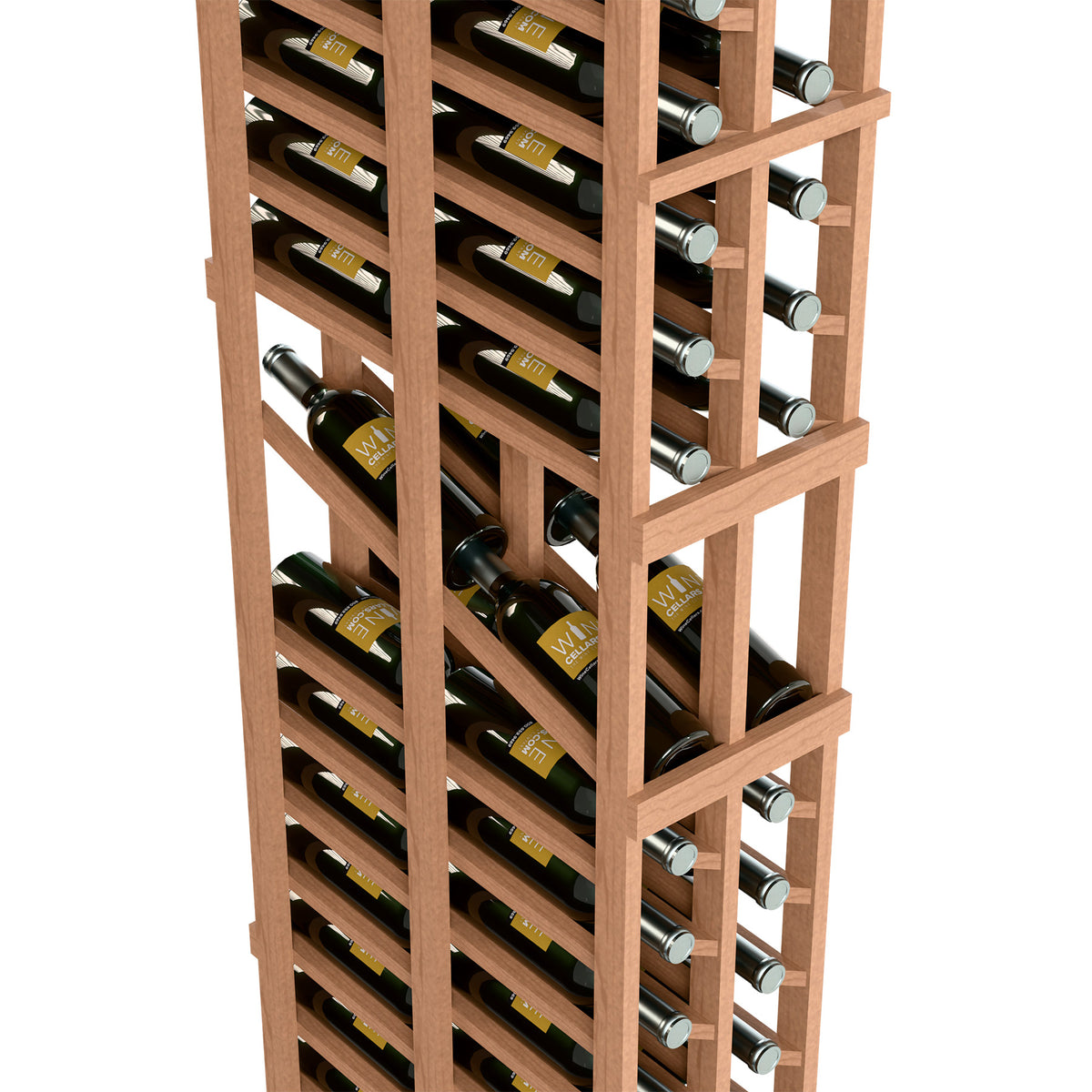Wine bottle rack close-up, light wood frame with open shelves and rows of bottles.