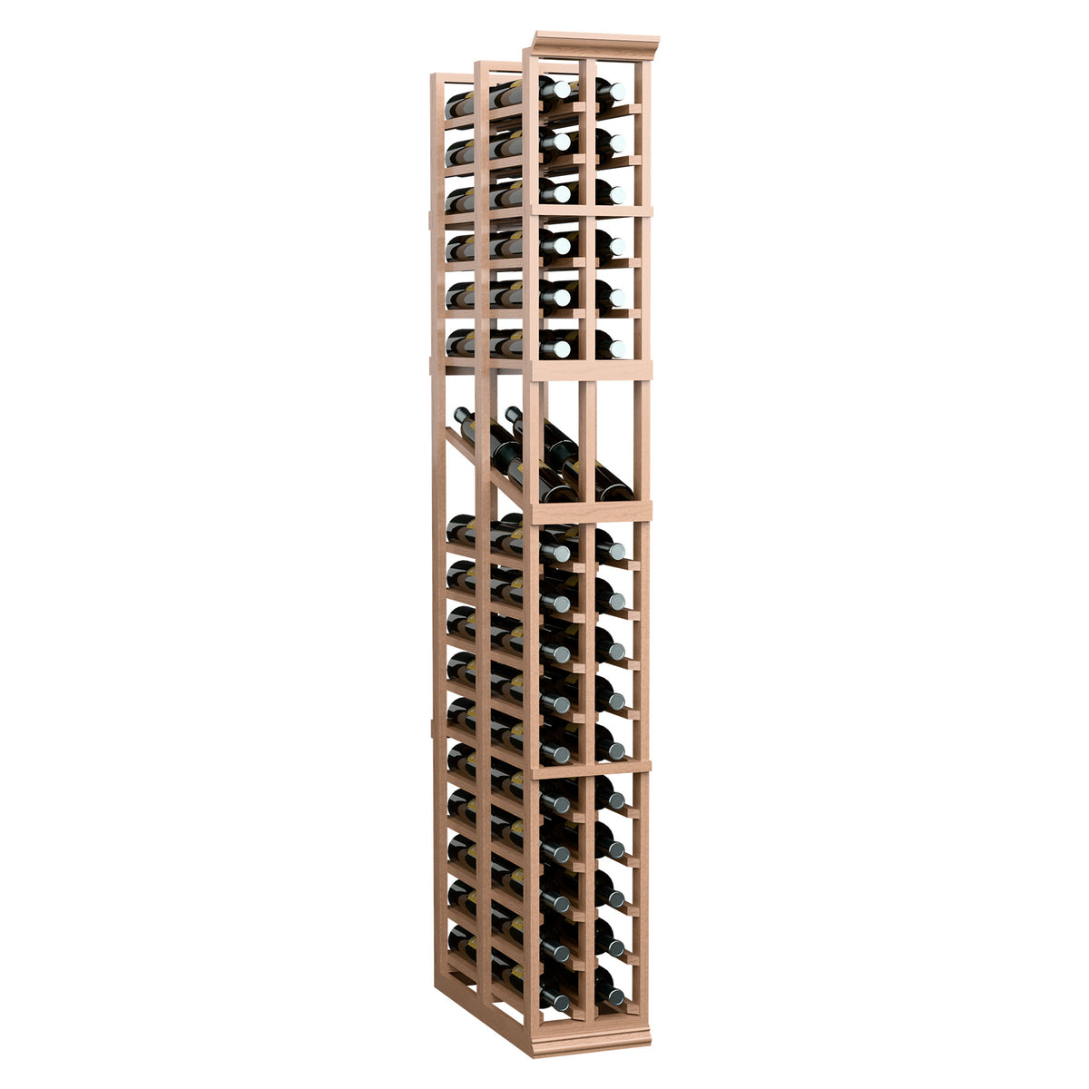 Natural wood double wine bottle display rack with two columns and crisscross supports.