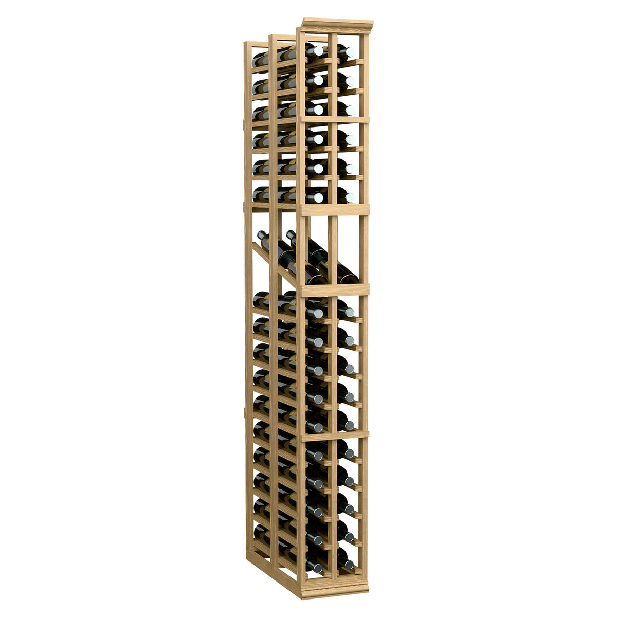 Natural wood tall wine bottle display rack with two columns and staggered bottle slots.