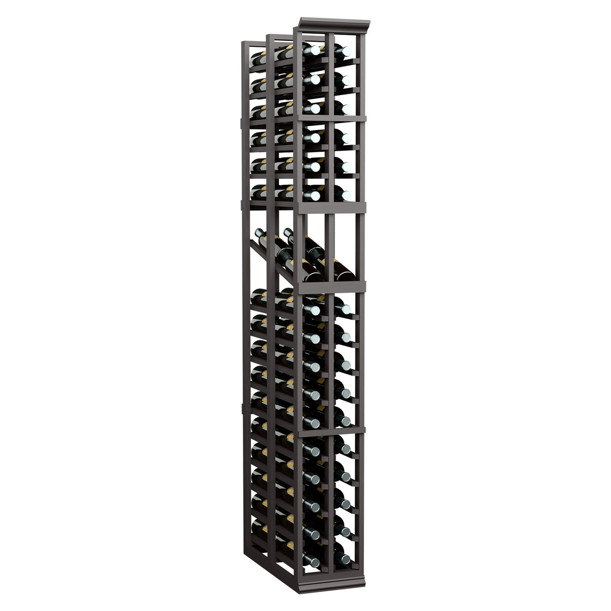 Dark wood double wine bottle display rack with two columns and grid-style bottle rests.