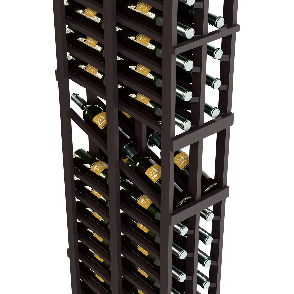 Dark wood wine bottle display rack closeup with two columns and metal bottle neck rests.
