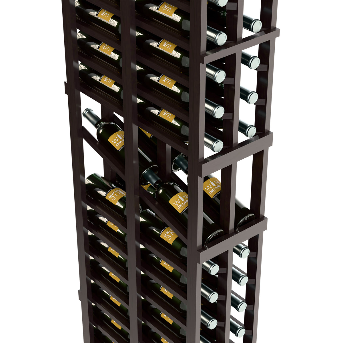 Dark wood wine bottle display rack closeup with two columns of bottles in bottle cradles.