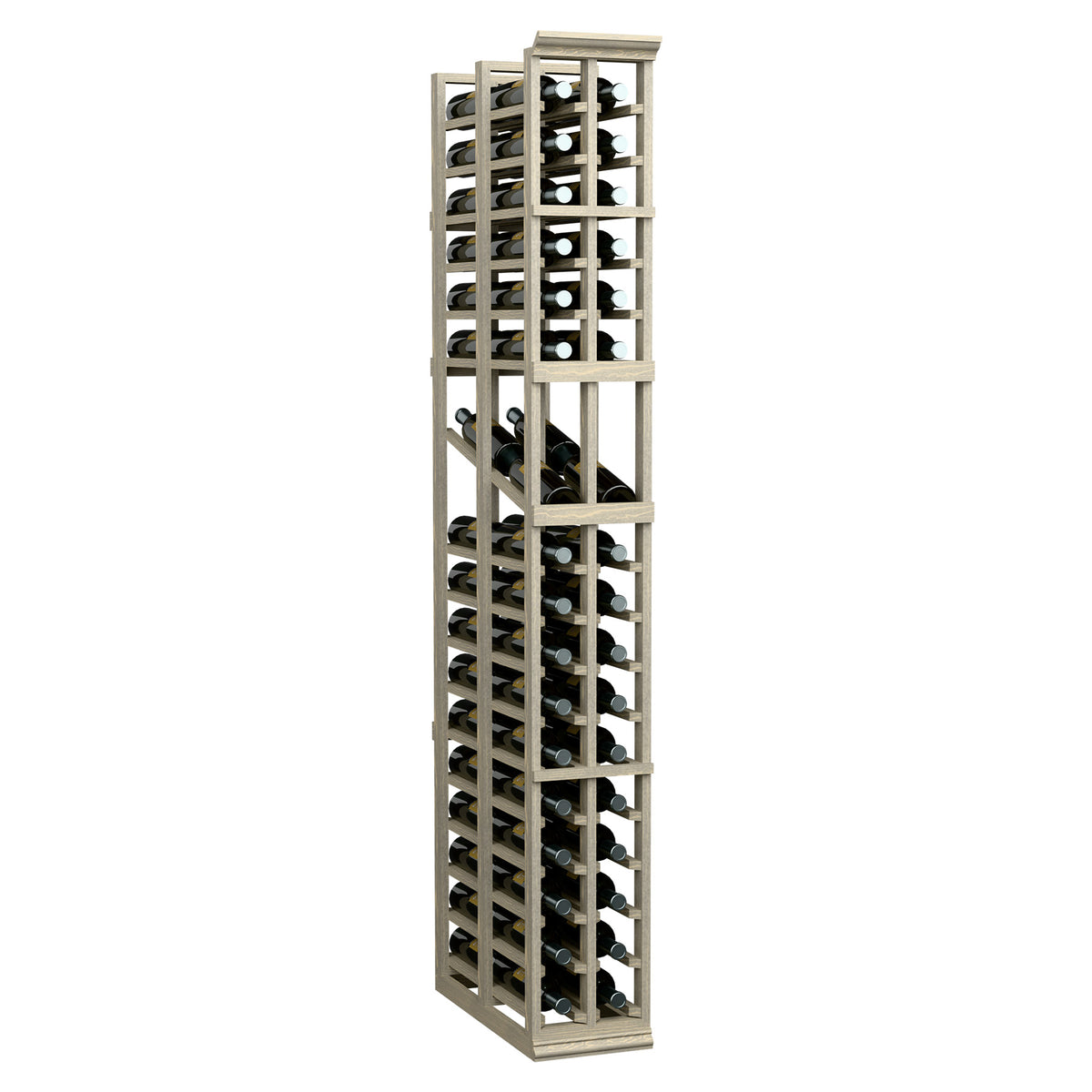 Light wood 2-column wine display rack with bottle slots, holds multiple bottles