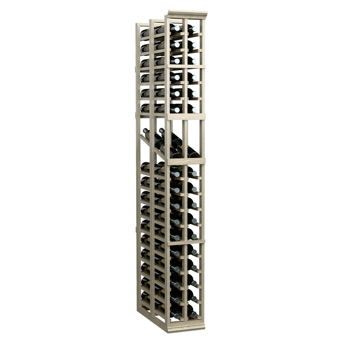 Front view light wood 2-column wine display rack with bottle slots and dividers