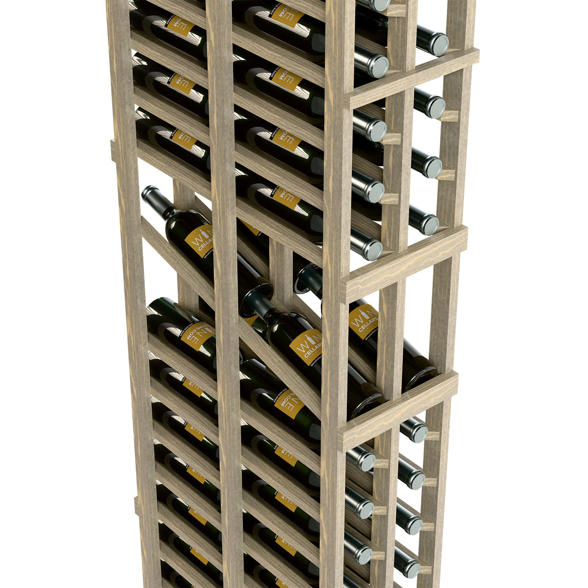 Light wood 2-column wine rack close-up with wine bottles and metal peg caps