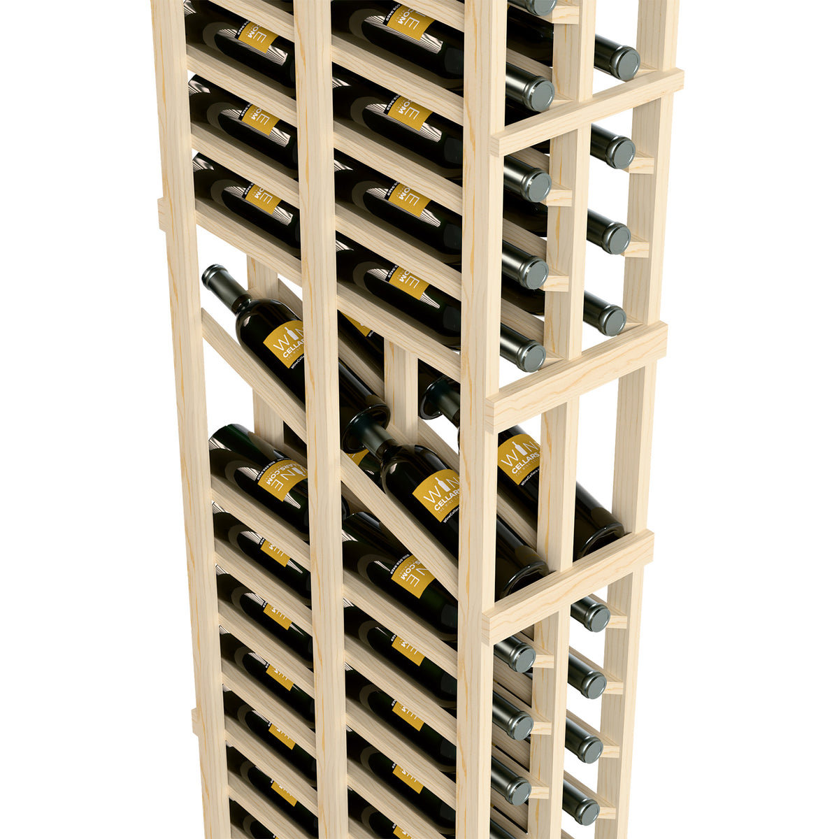 Light wood 2-column wine rack close-up with bottles and metal peg holes