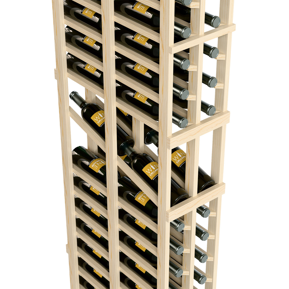 Light wood 2-column wine rack close-up with bottles and metal peg caps