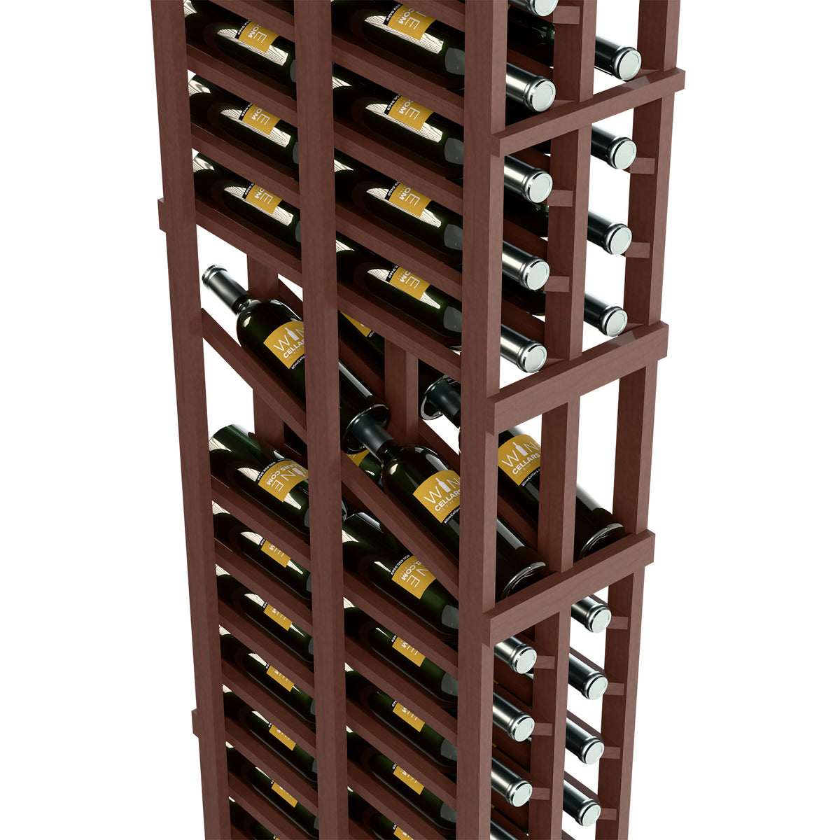 Dark brown 2-column wine rack close-up with bottles and metal peg caps