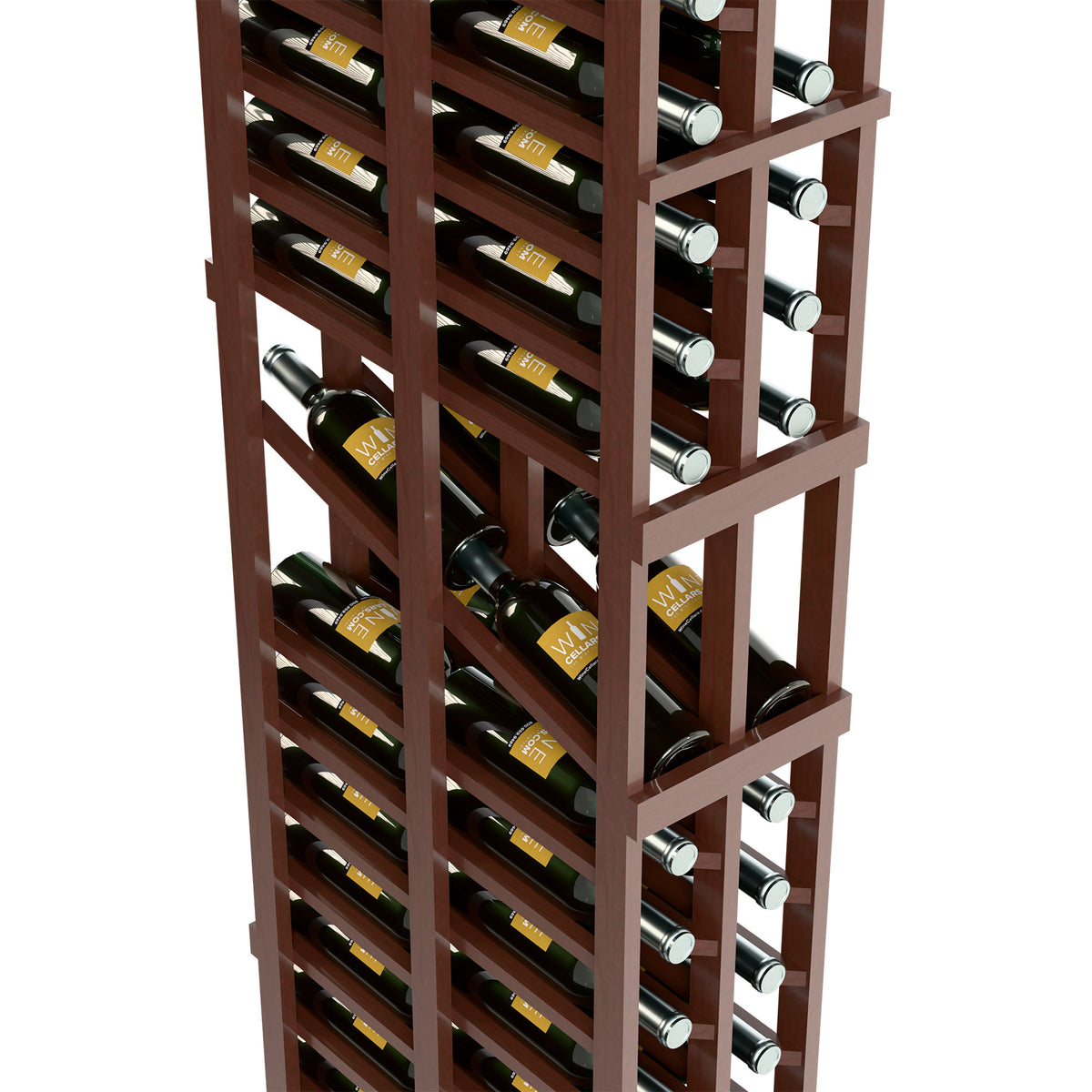 Dark wood wine rack interior with staggered bottle slots and metal bottle caps
