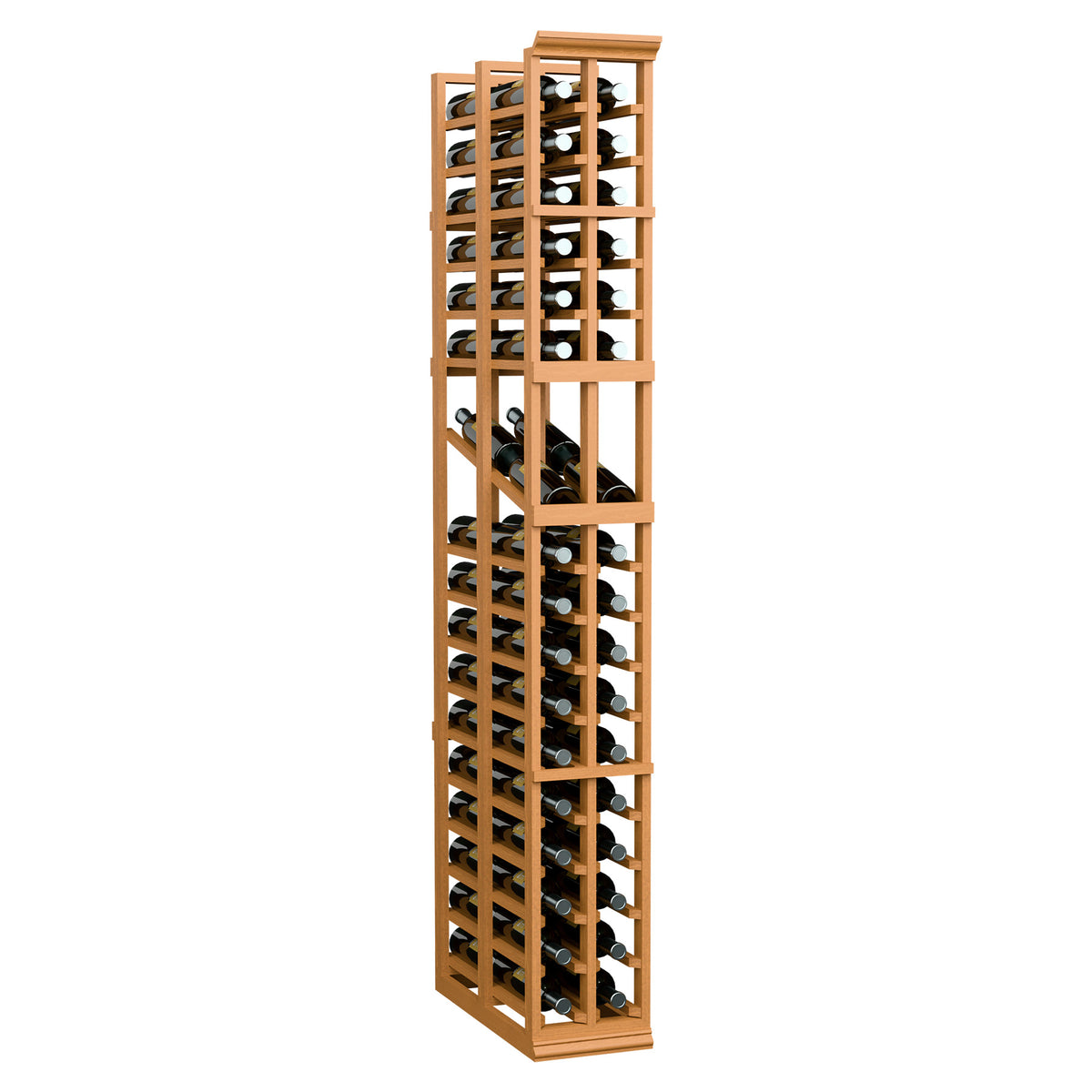 Light wood 2-column double-deep wine display rack with bottle holders and grid frame