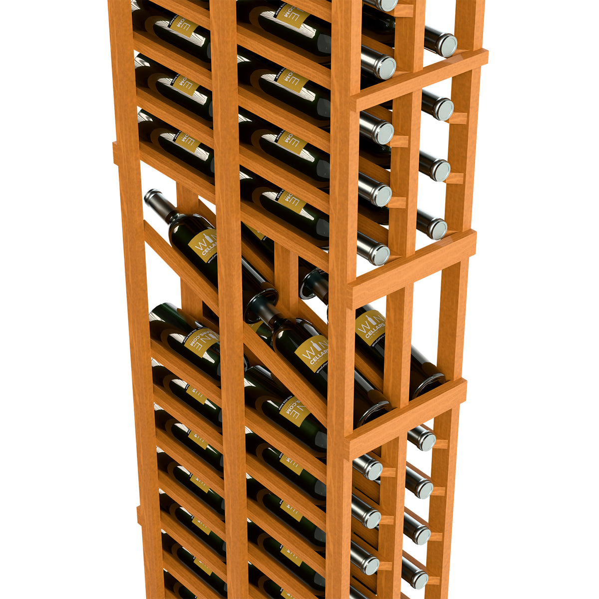 Light wood wine rack showing staggered rows of bottles and circular bottle openings