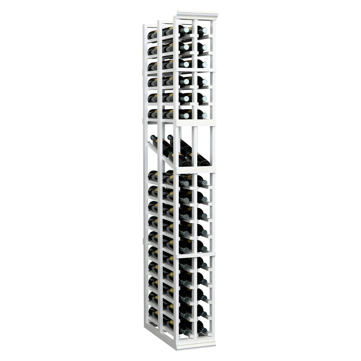 White tall wine display rack with front-facing bottle slots in a grid frame