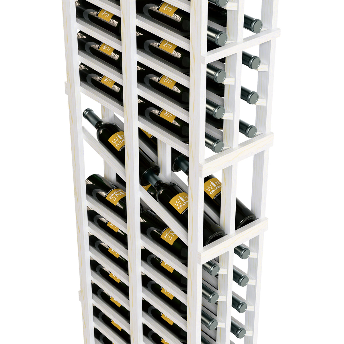 White wine rack close-up with staggered bottle rows and silver circular openings