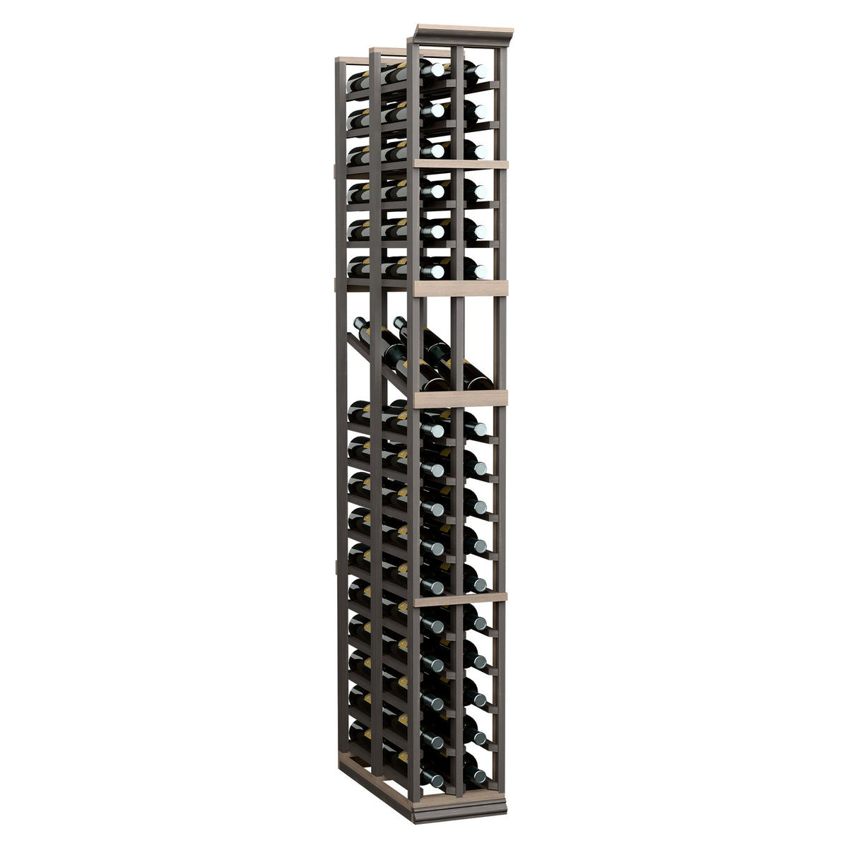 Tall wine display rack with two columns of bottle slots and open front, dark frame